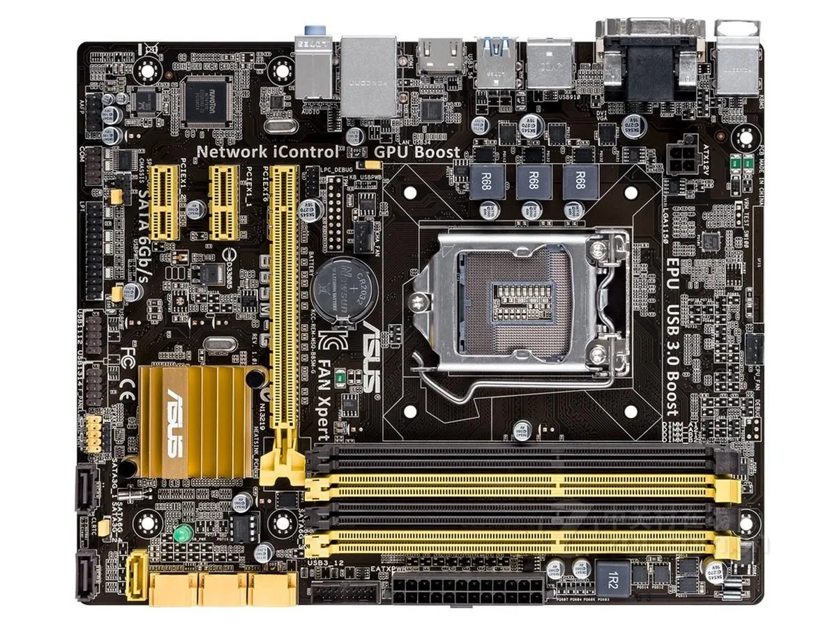 Green Micro ATX motherboard with silver LGA 1150 socket and blue DDR3 slots