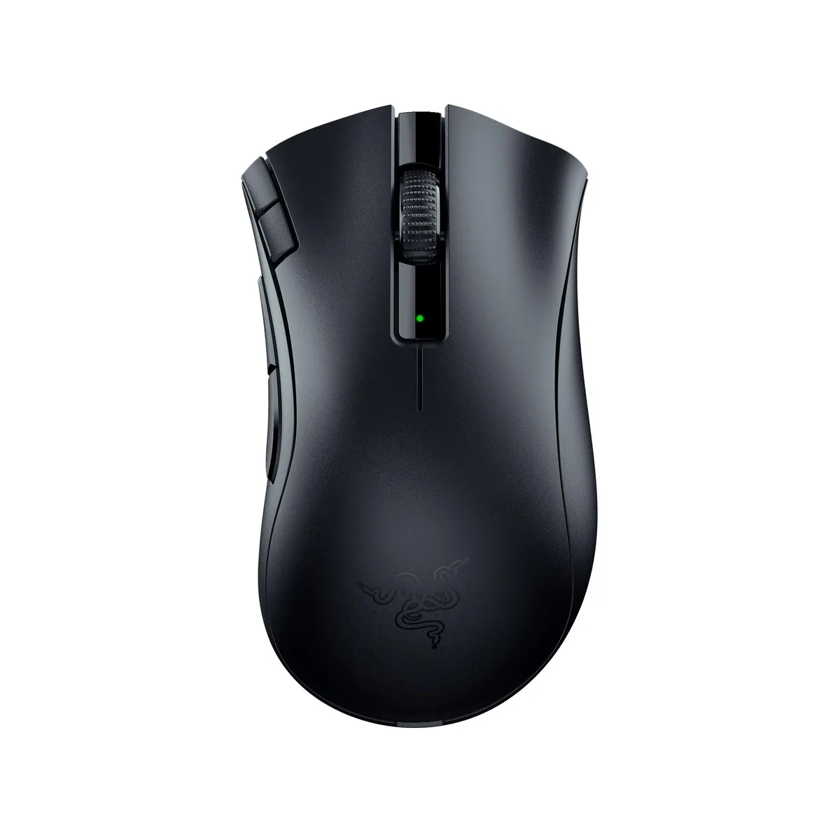 Right-handed black wireless gaming mouse, ergonomic shape, seven buttons, PTFE feet