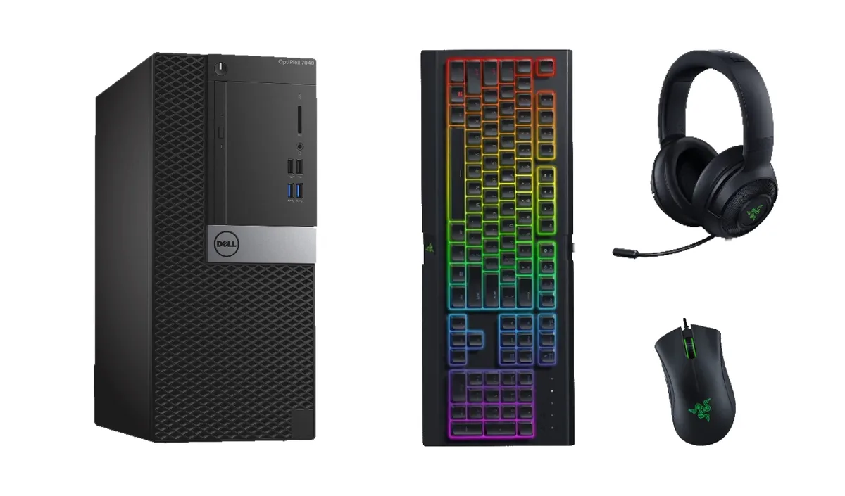 Black Dell OptiPlex 7040 tower with Razer keyboard mouse headset