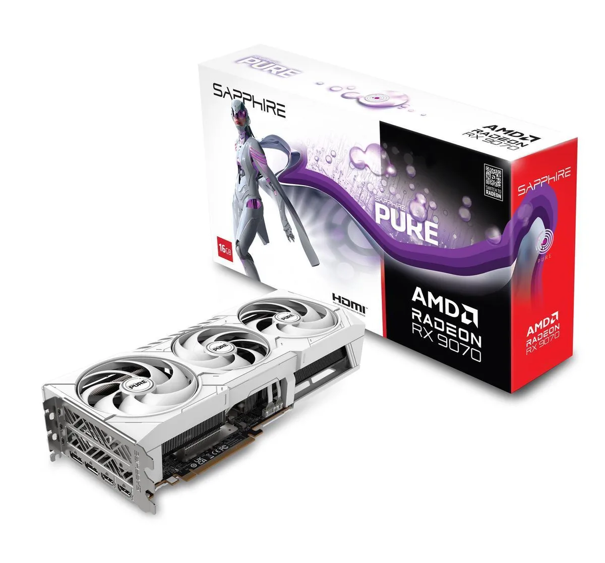 Sapphire Pure Radeon RX 9070 graphics card, dual-slot cooler with silver shroud and two fans, two HDMI ports visible