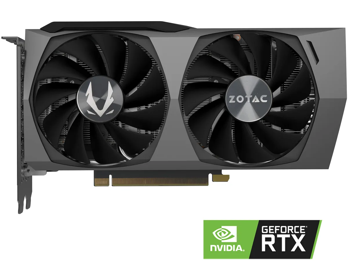ZOTAC RTX 3060 Ti Twin Edge dual-fan graphics card, silver metal backplate, two-slot design