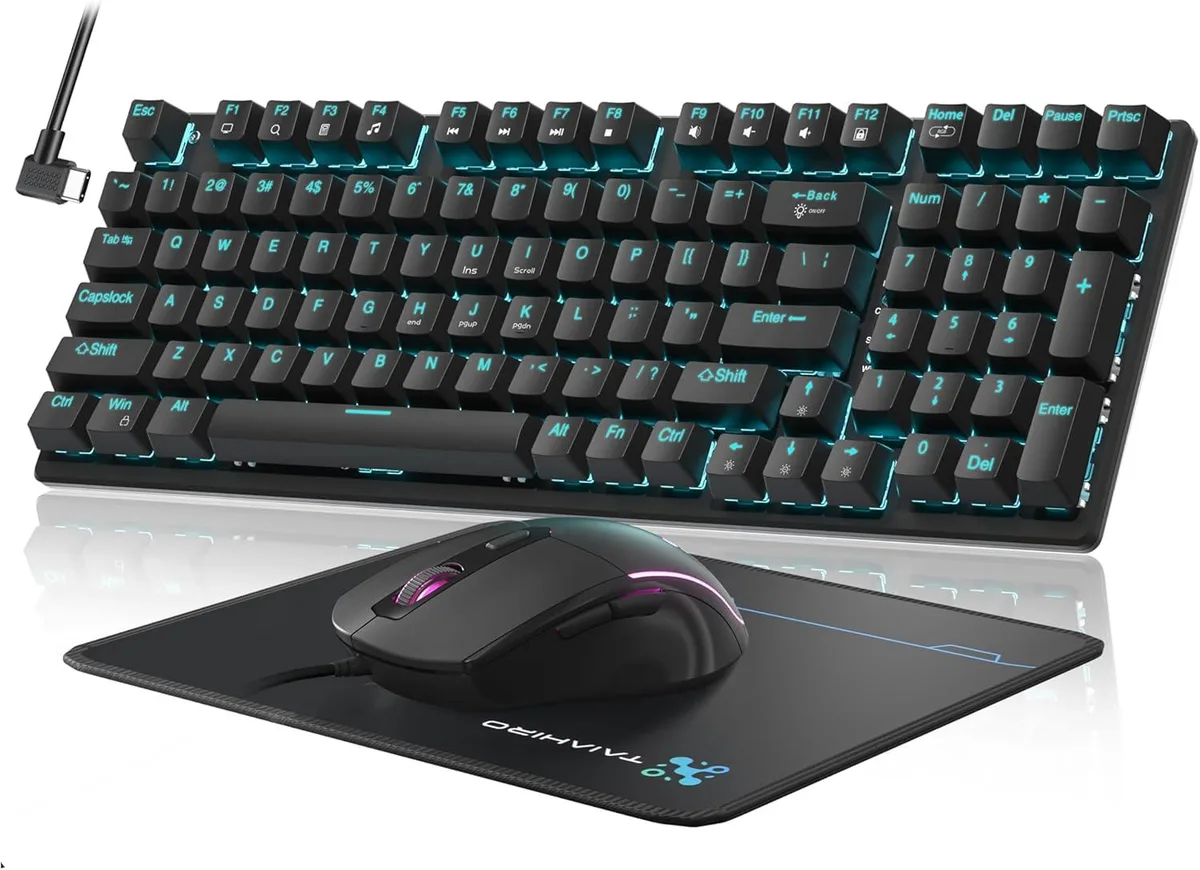 Black 98-key mechanical keyboard with blue LED backlight, RGB mouse with 4 DPI settings, and large mouse pad