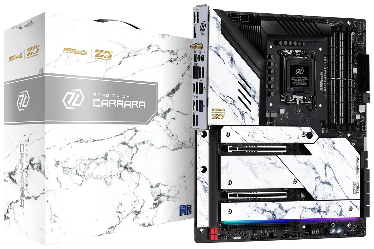 White EATX motherboard with silver heatsinks and black PCB