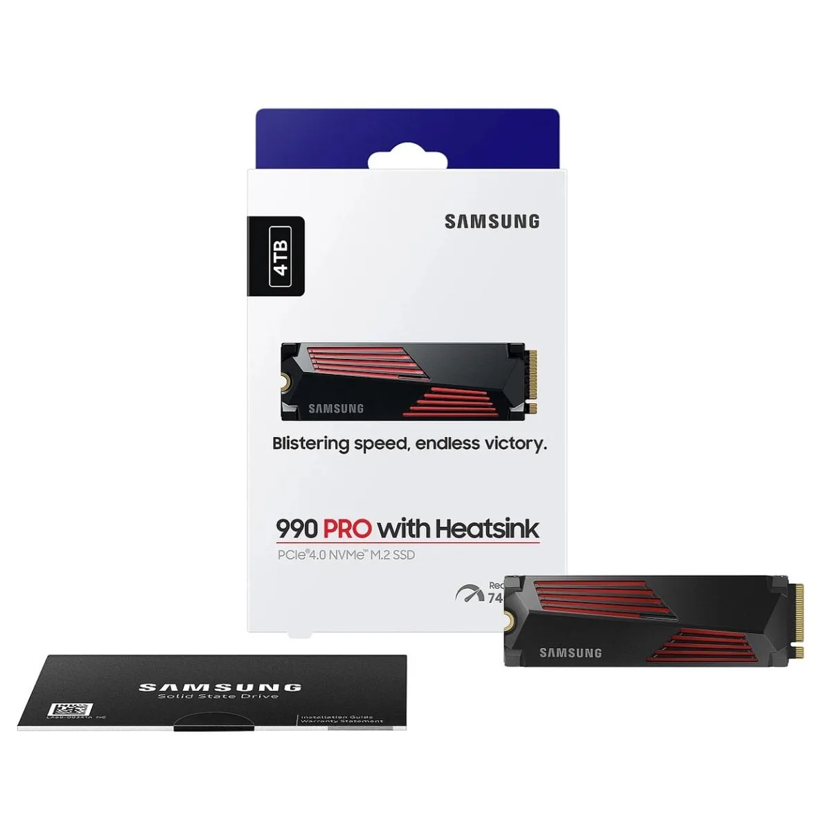 Samsung 990 PRO 4TB M.2 2280 SSD with black heatsink attached