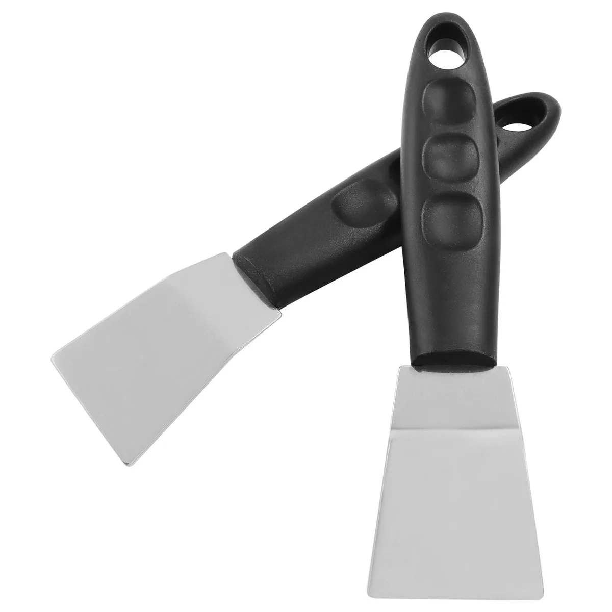 Two black stainless steel 3D printer scrapers with non-slip handles