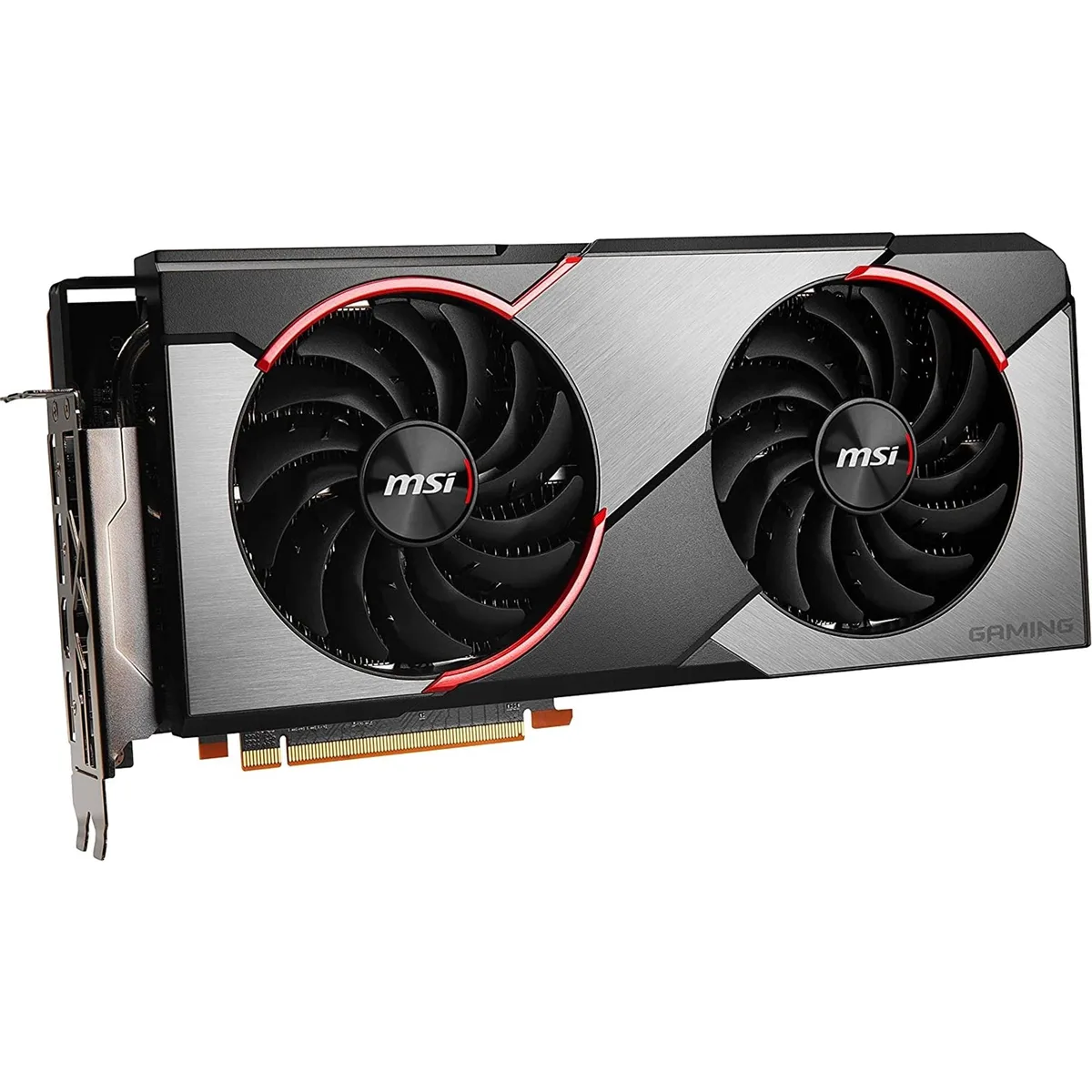 Black dual-fan graphics card with metal backplate