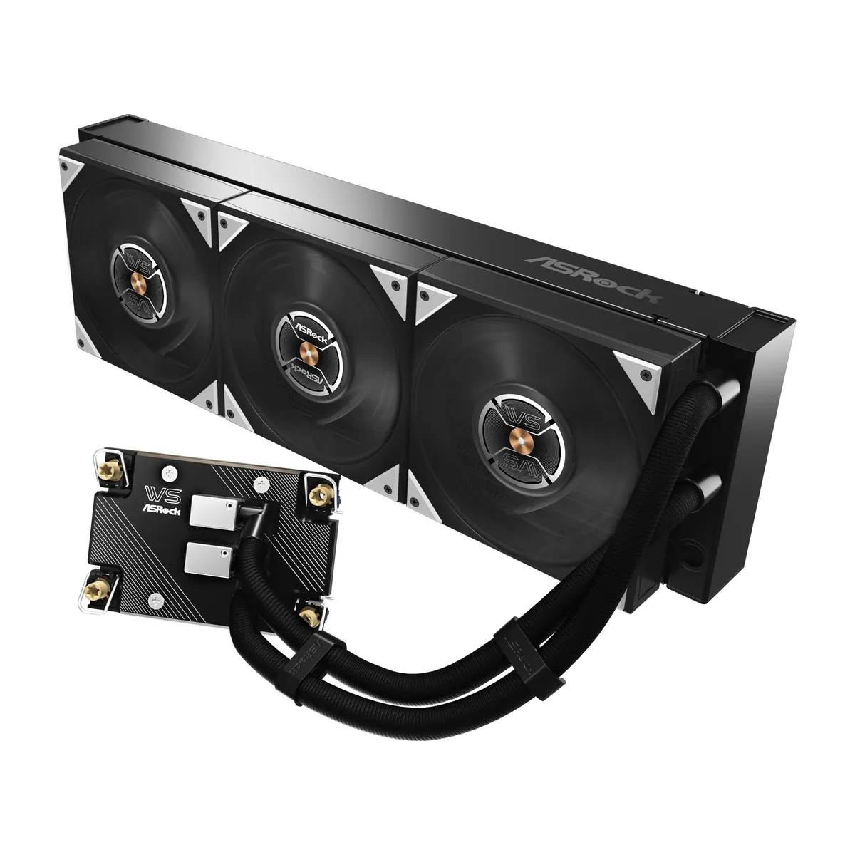ASRock WS XE 360D 360mm AIO liquid cooler with three IP54 fans and thick radiator