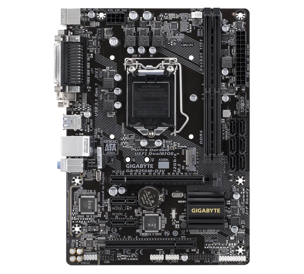 Green rectangular motherboard with silver heatsinks and black slots