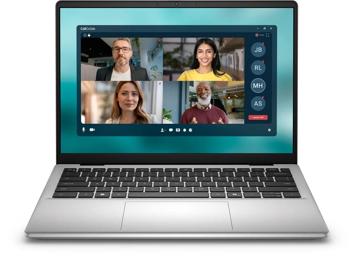Platinum silver metal 14 inch laptop, non-touch 2K anti-glare screen, webcam visible
