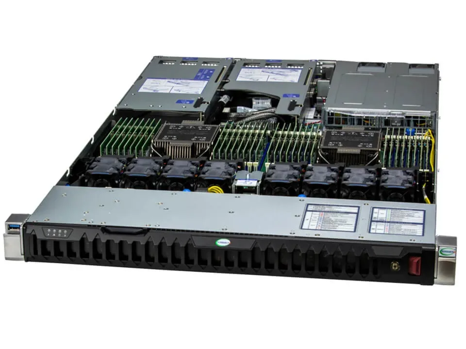 Silver 1U rack server with front drive bays and status LEDs