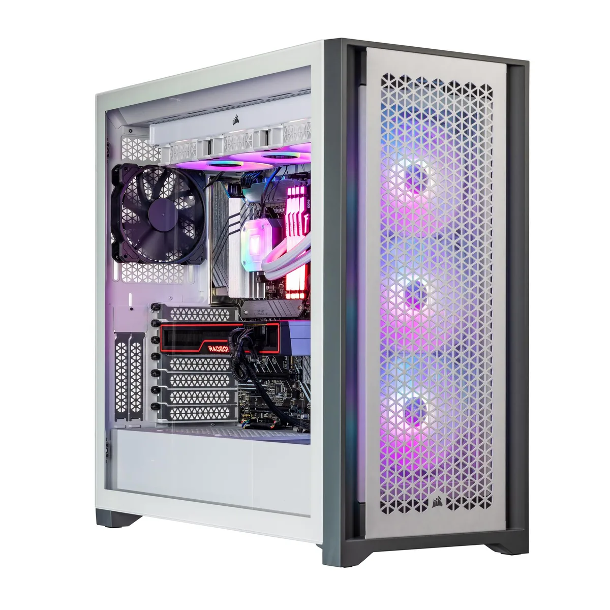 White tower gaming PC with RGB liquid cooling visible through glass side panel