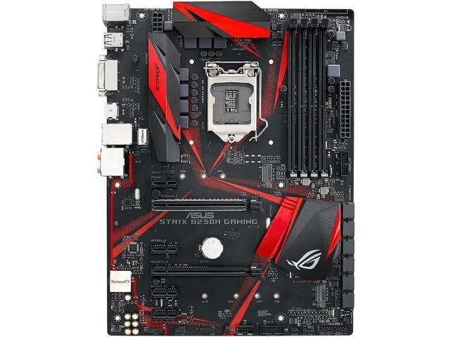 ATX motherboard with black and silver heatsinks, four DDR4 slots, PCIe x16 and x1 slots, dual M.2, HDMI and DVI ports