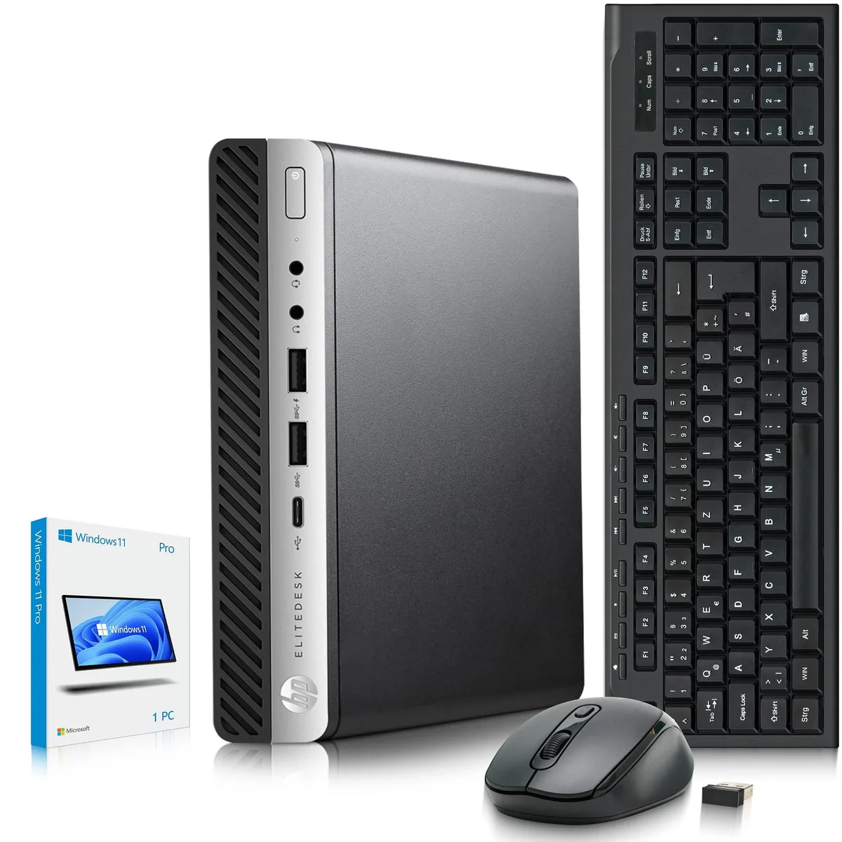 Small black rectangular mini desktop with wireless keyboard and mouse