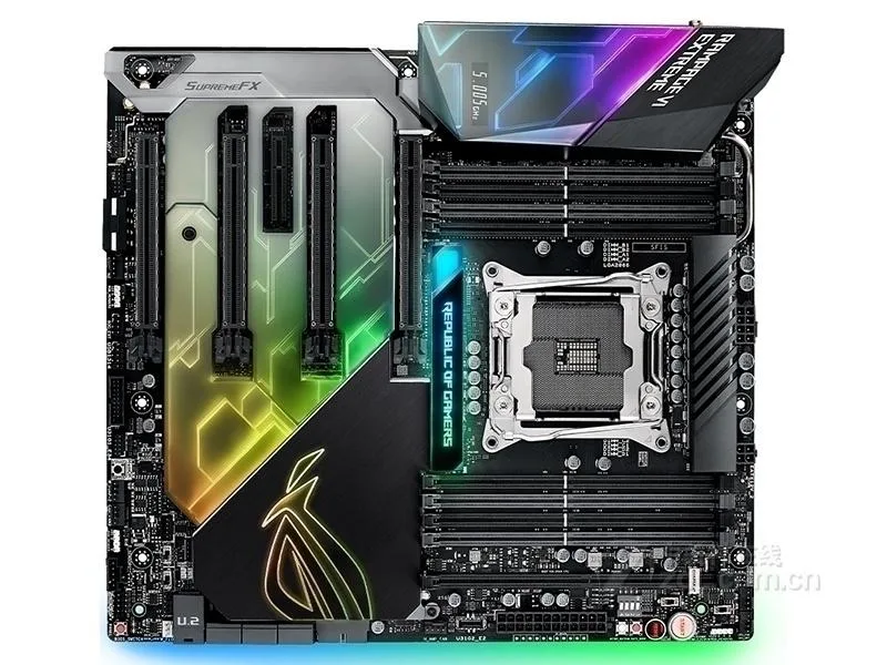 Large black E-ATX motherboard with silver heatsinks and LGA 2066 socket