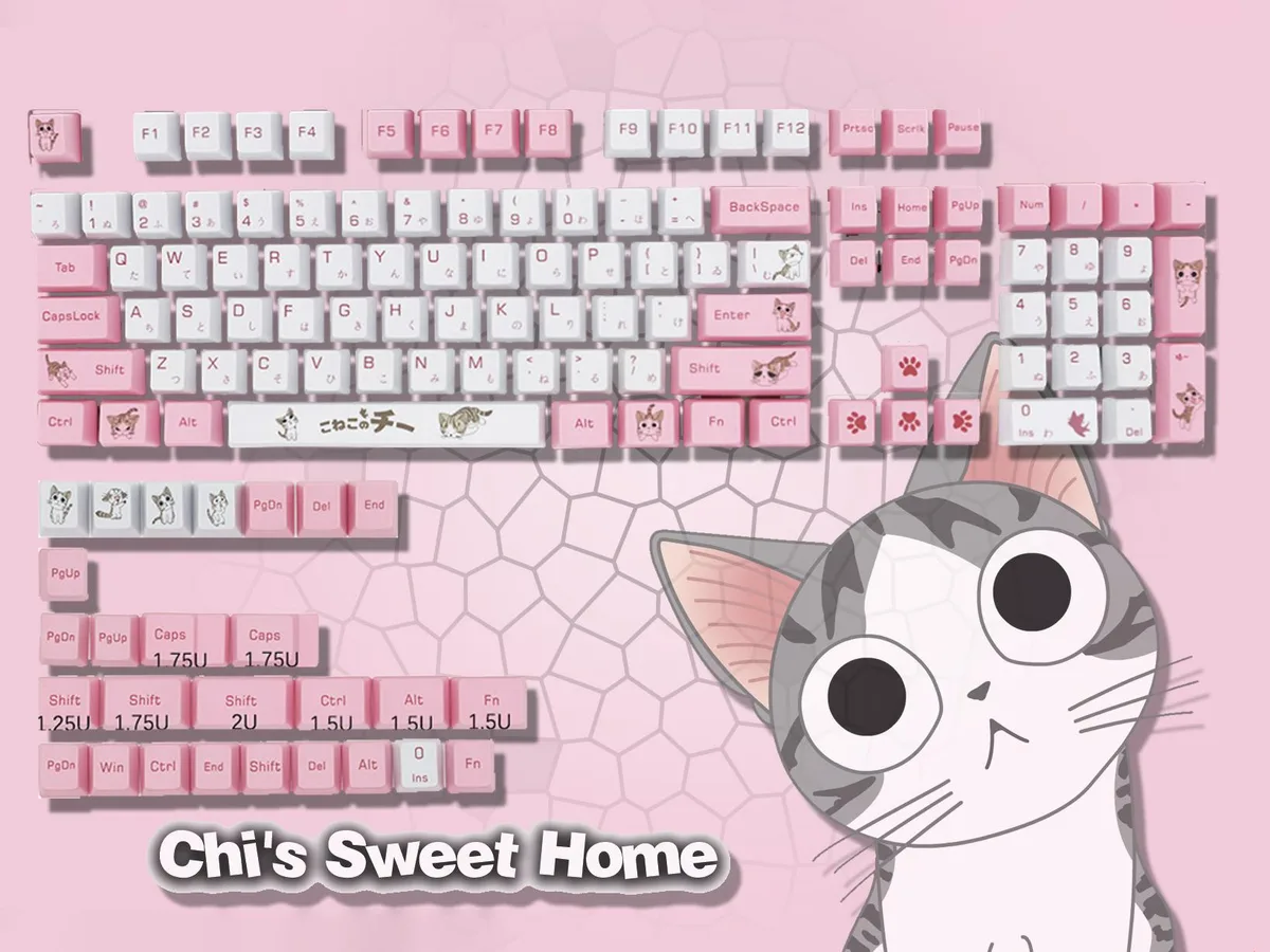 Pink and white PBT keycap set with cheese cat graphics, 131 keys, OEM profile