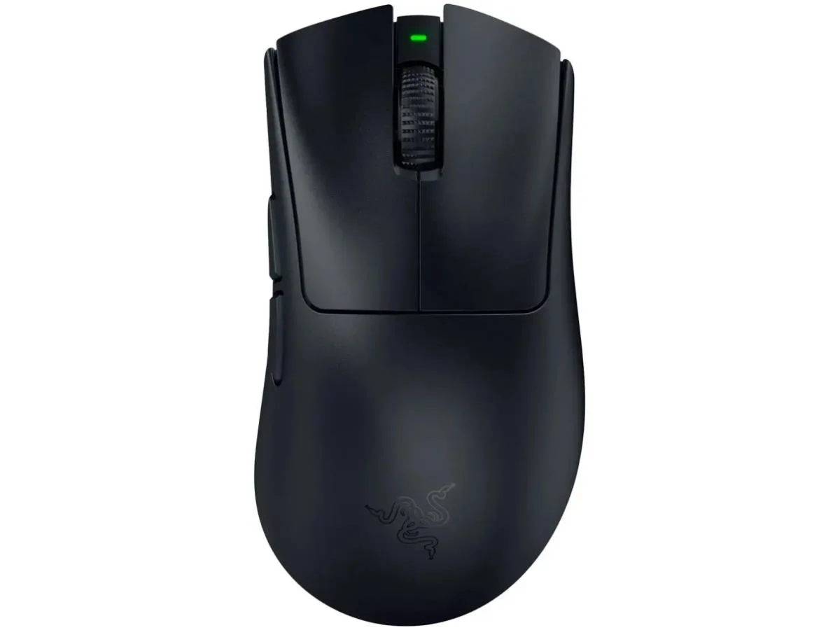 Black ergonomic wireless gaming mouse with smooth-touch finish and optical scroll wheel