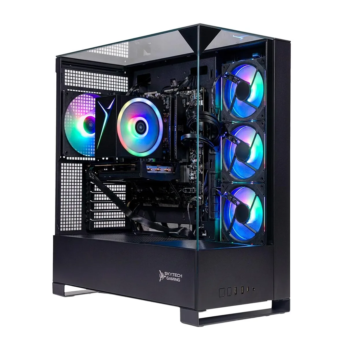 Black mid-tower gaming desktop with tempered glass side panel and RGB lighting visible inside