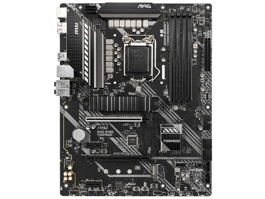 Black ATX motherboard with silver heatsinks and blue accents