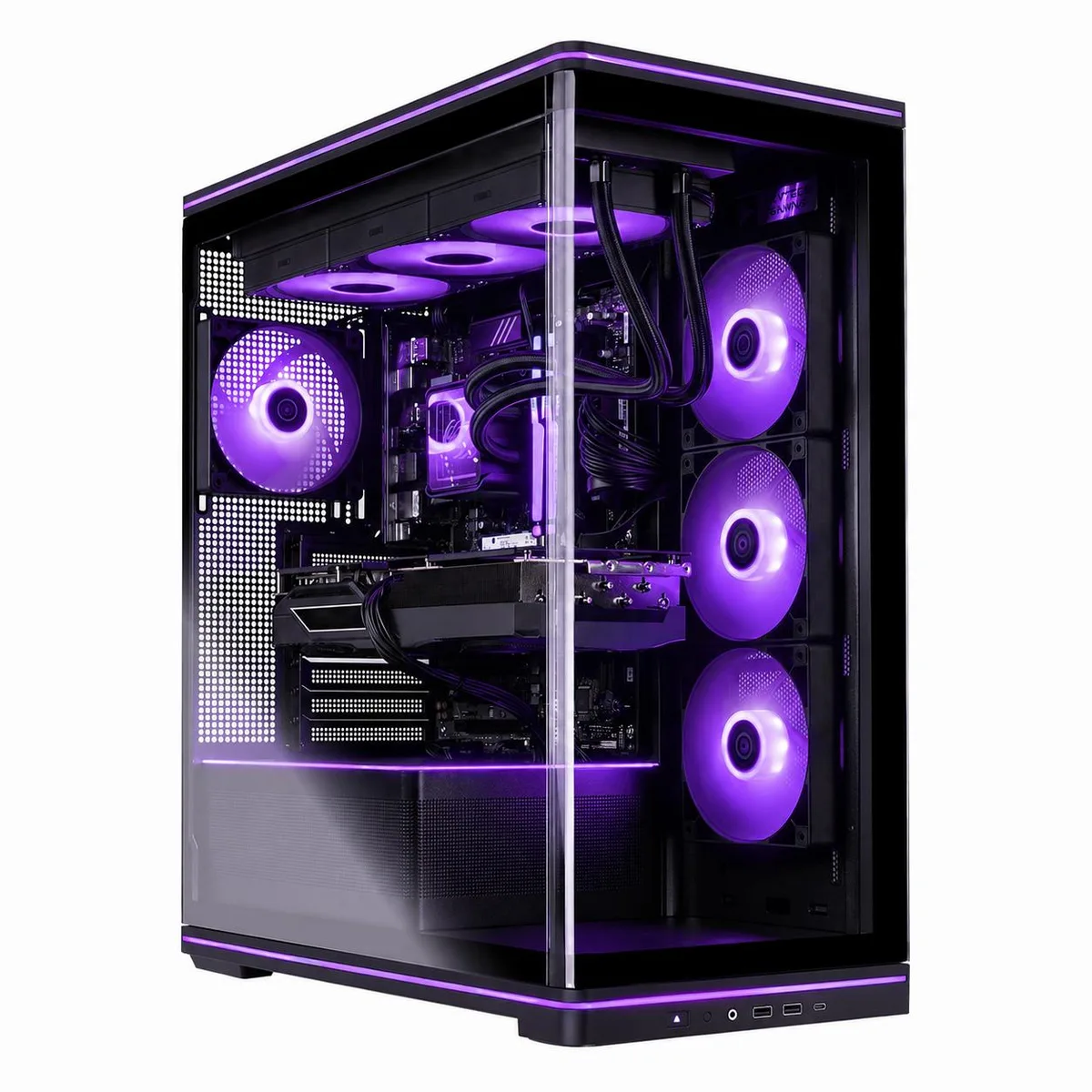 Black mid-tower gaming desktop with 360mm ARGB liquid cooler visible through glass side panel