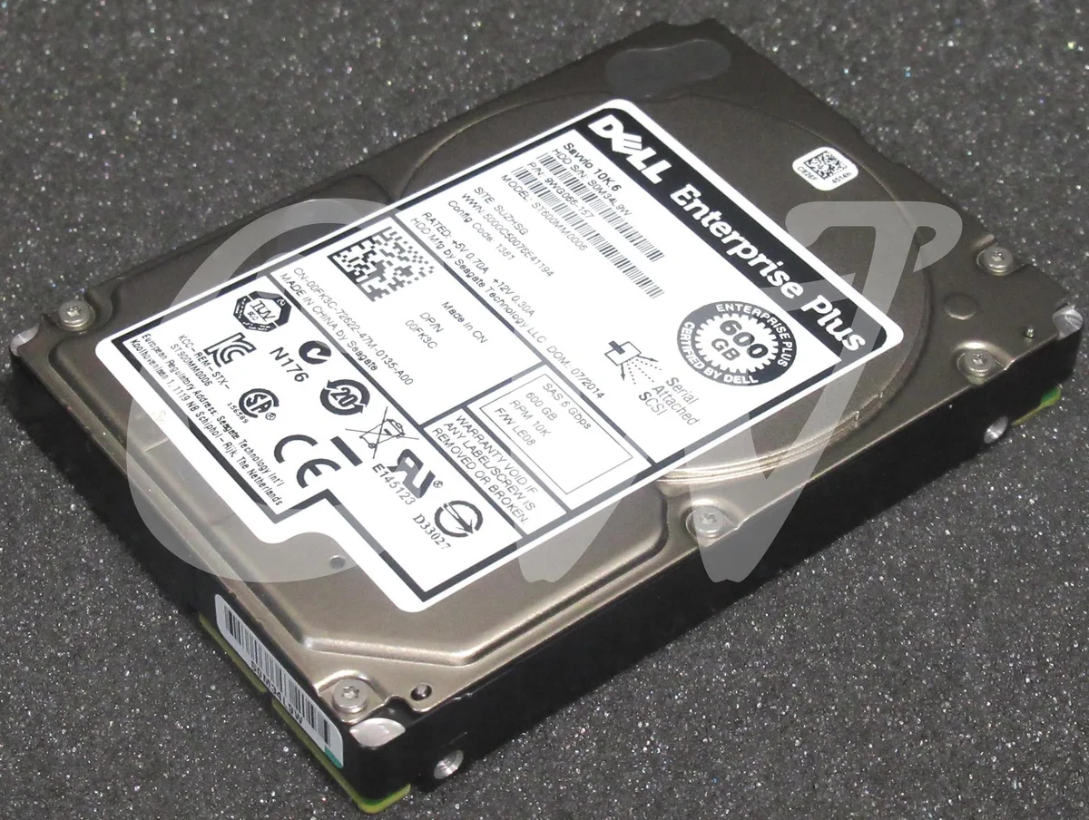 A silver 2.5 inch SAS hard drive with a label showing 600GB 10000RPM