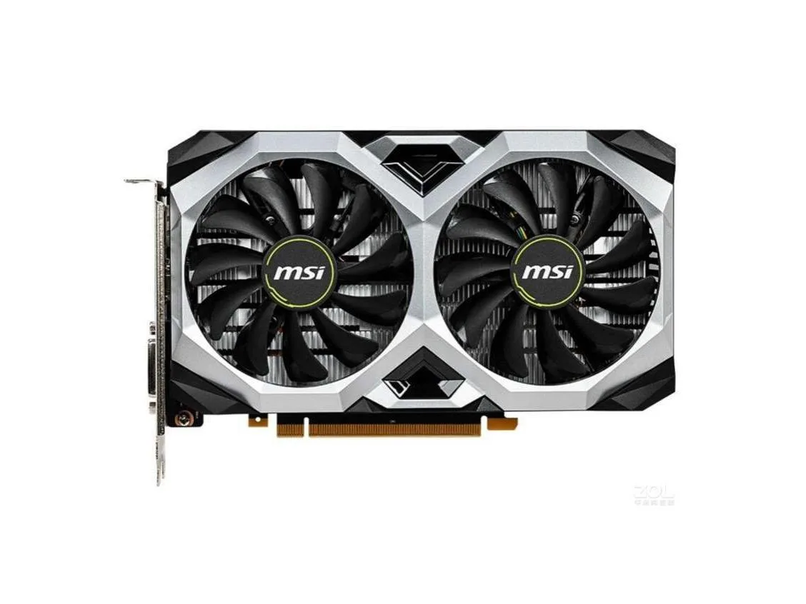Dual-fan MSI GTX 1660 SUPER graphics card, matte black finish, compact dual-slot design