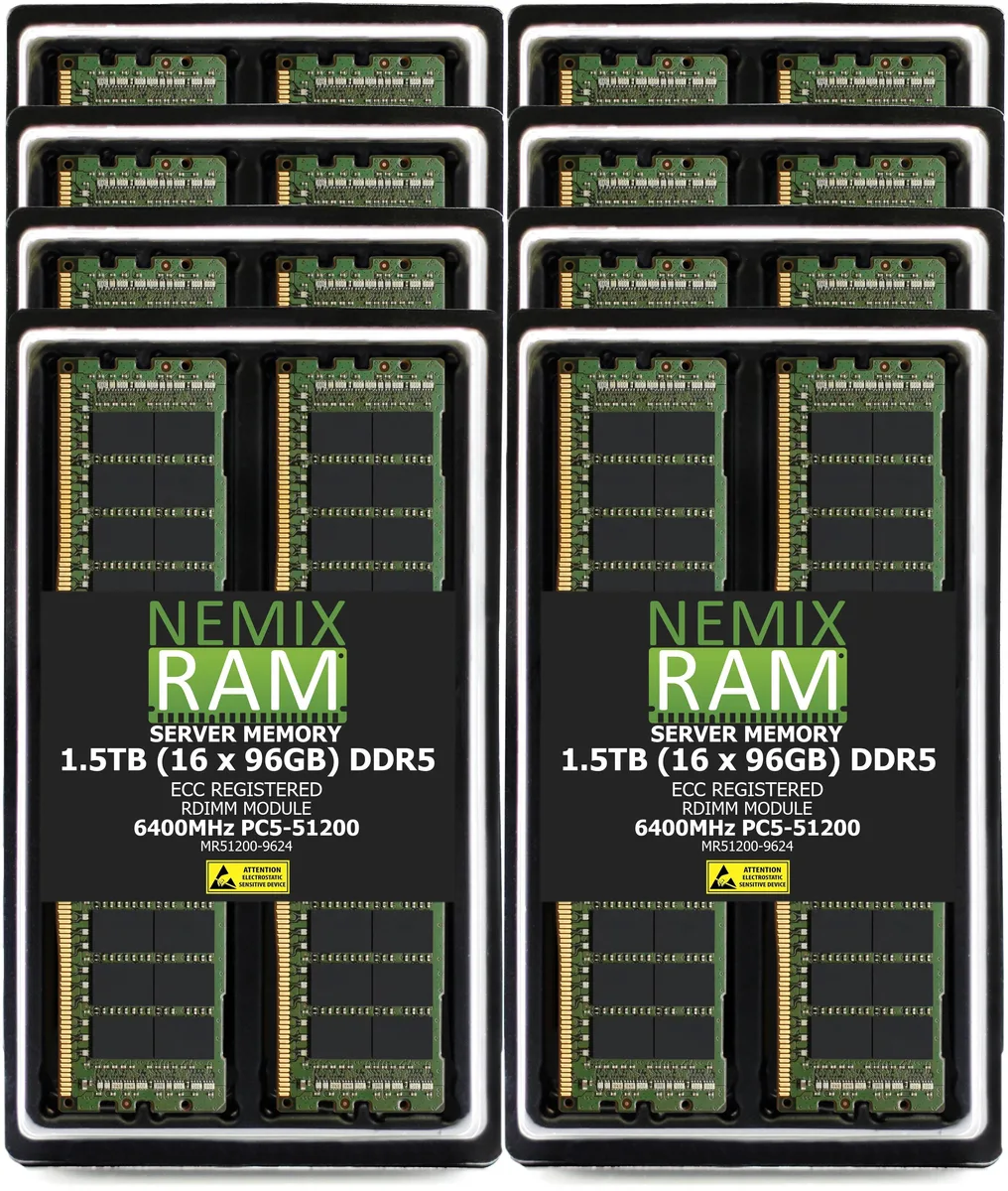Sixteen green DDR5 ECC RDIMMs with black heat spreaders in a row