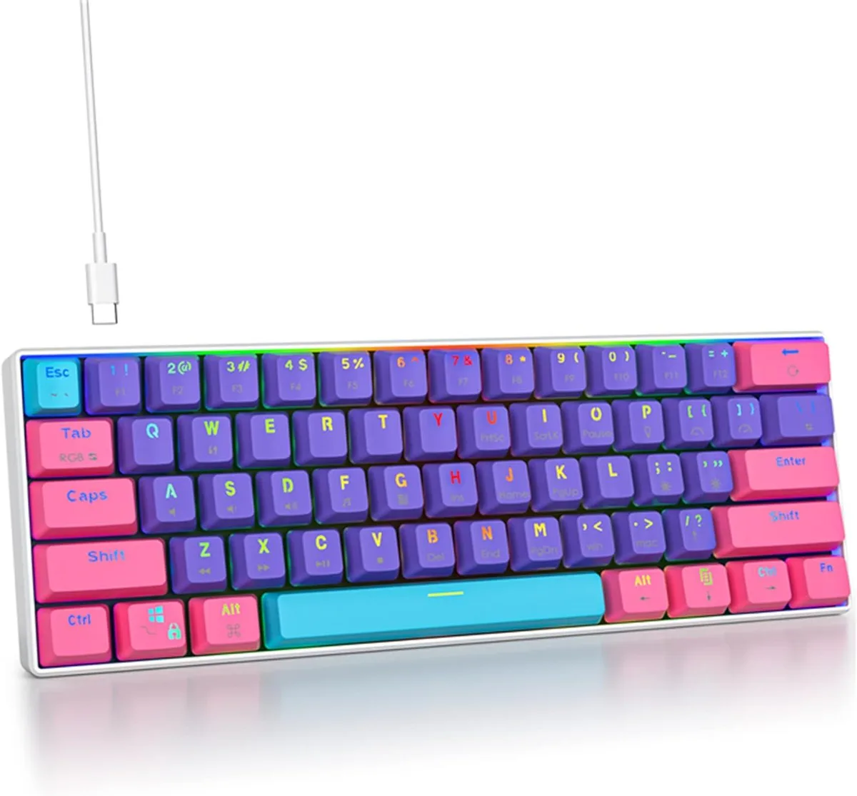 Compact purple 60% mechanical keyboard with 61 keys and RGB backlighting