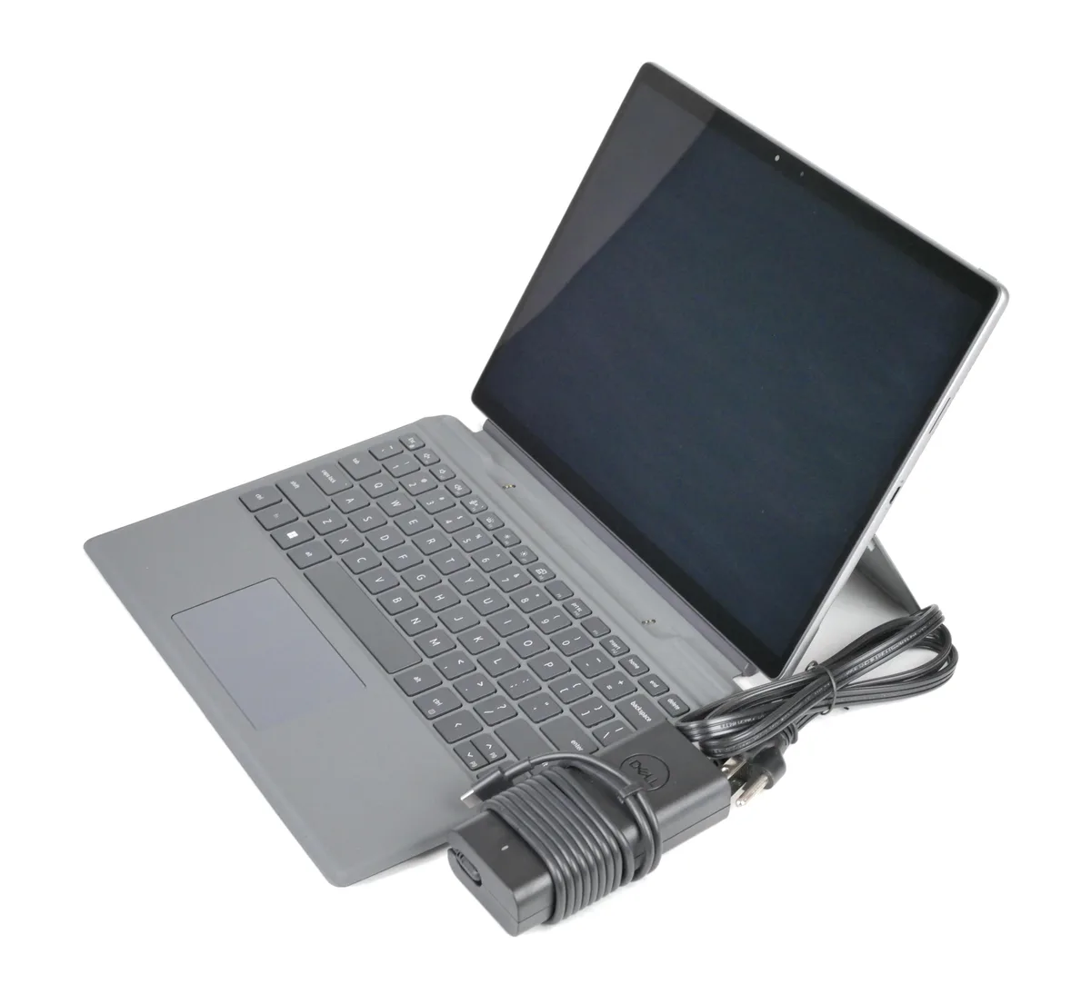 Silver 13 inch detachable tablet with keyboard attached