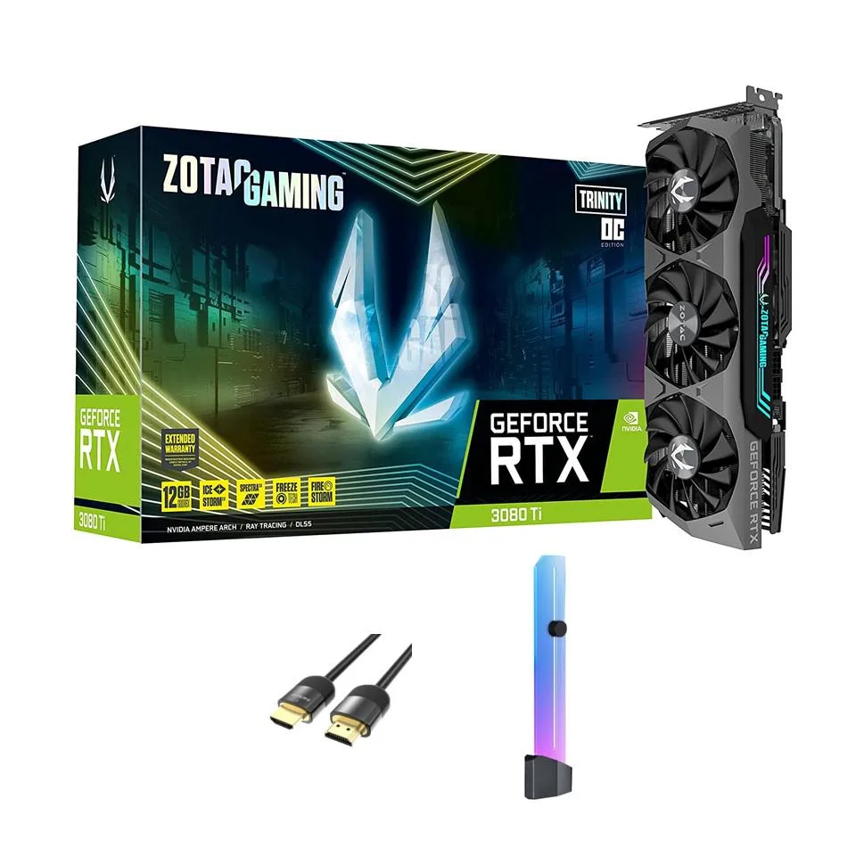 Triple-fan graphics card, dark metal finish, RGB lighting on backplate and fans