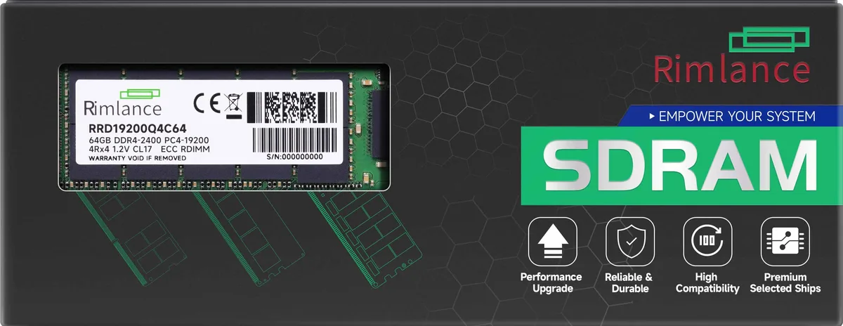 Green rectangular DDR4 server memory module with black chips and gold edge connectors