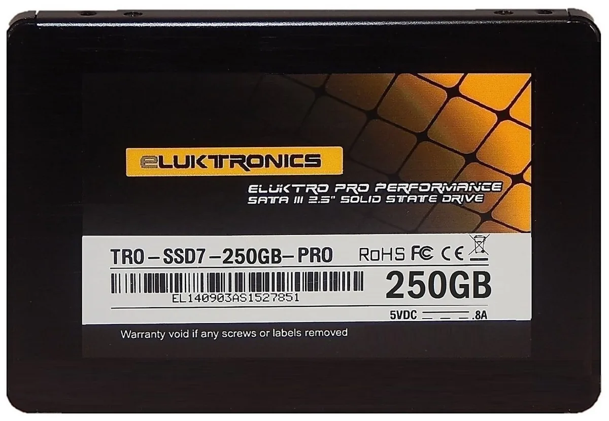Rectangular 2.5 inch SSD with black label, SATA connectors visible