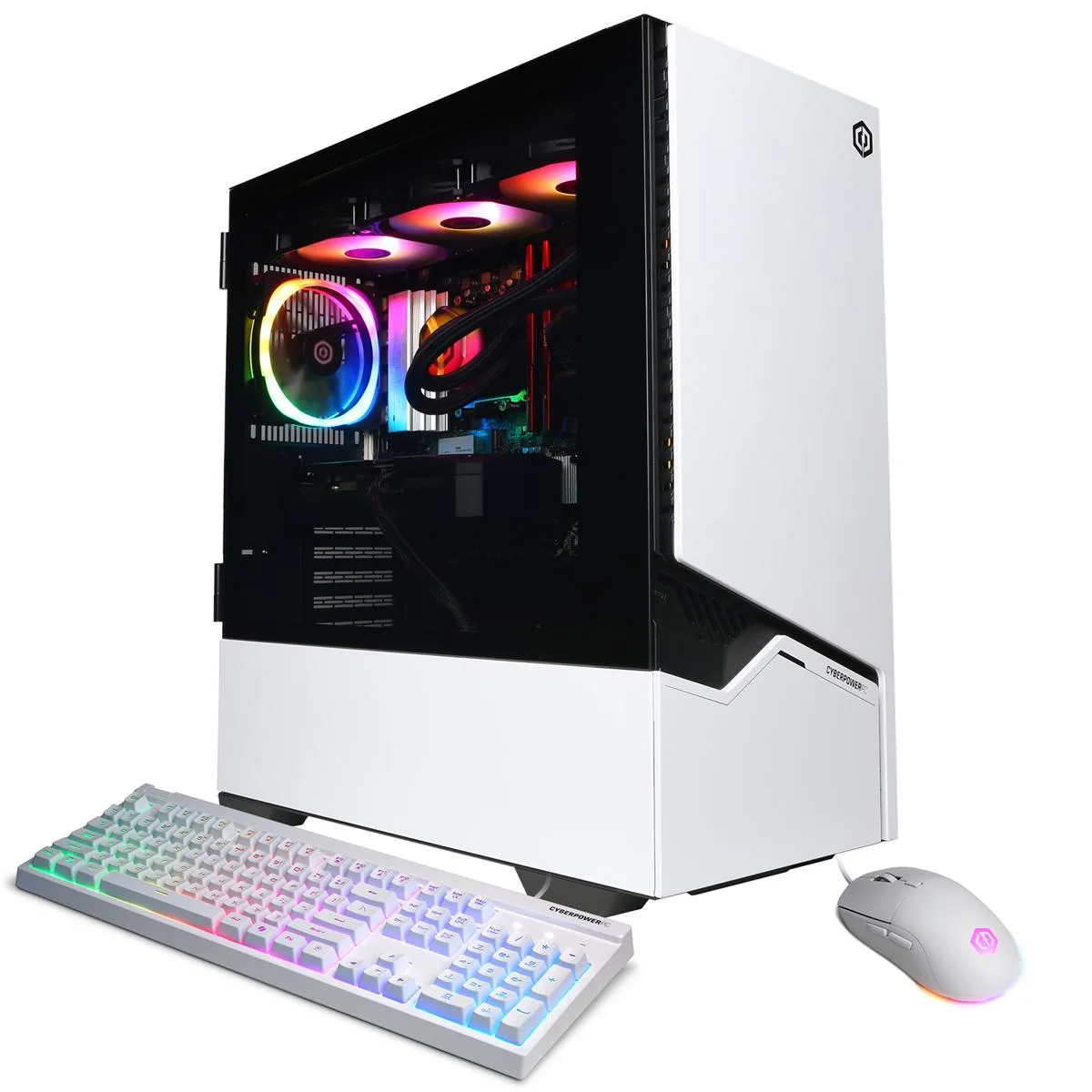 White mid-tower gaming desktop with glass side panel