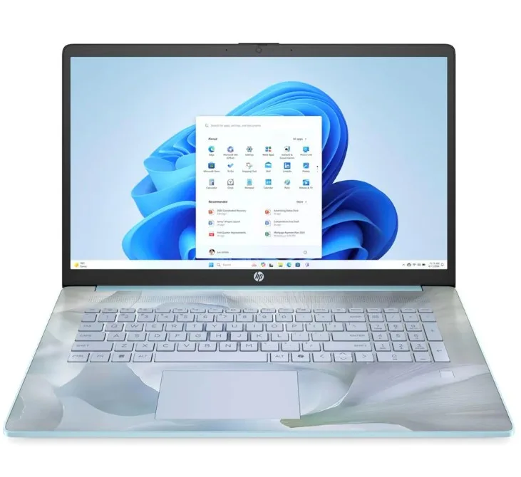 A 17.3 inch laptop in Spring Iridescence finish with a touchscreen display, full-size backlit keyboard and numeric keypad