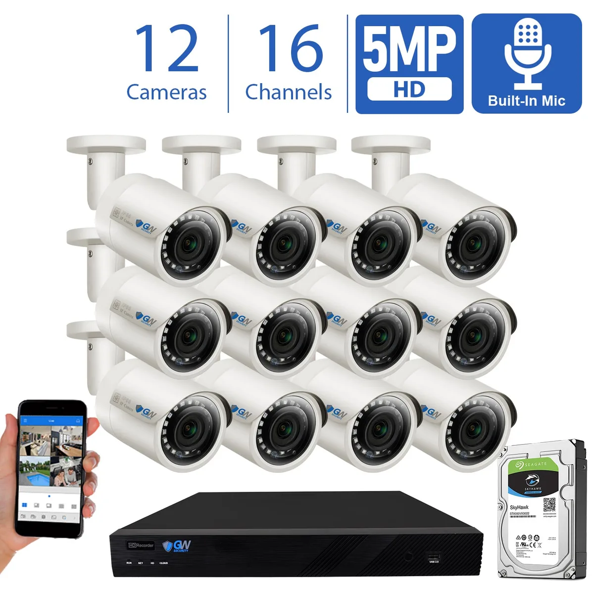 GW Security Inc. GW Security Inc. GW4216EP 16CH 4K NVR 4TB 12 x 5MP Bullet Camera Kit — product photo
