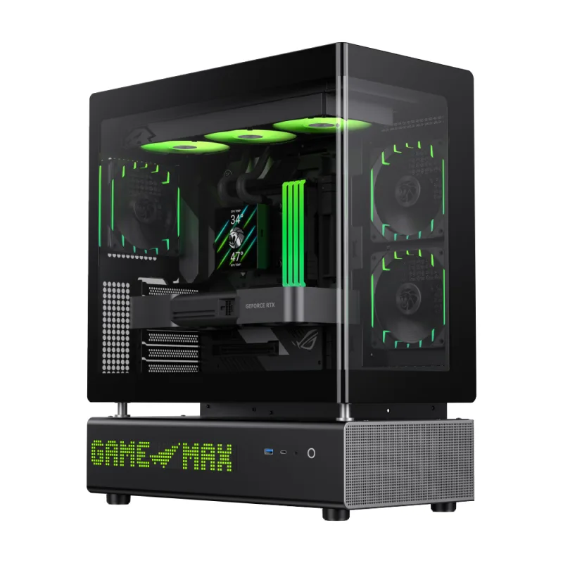 Black mid-tower case with 270° curved glass front and side panels, 512-LED front display, wood-grain top mesh, dual-chamber layout