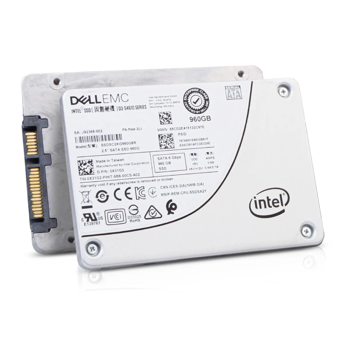 Silver 2.5 inch SATA enterprise SSD with Dell label