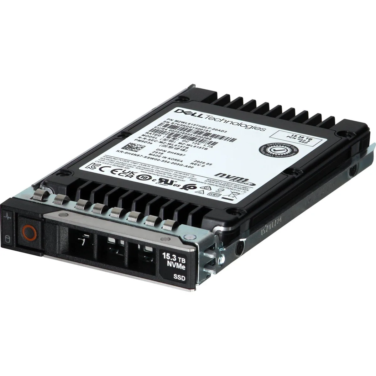 Silver 2.5 inch enterprise SSD with green circuit board visible