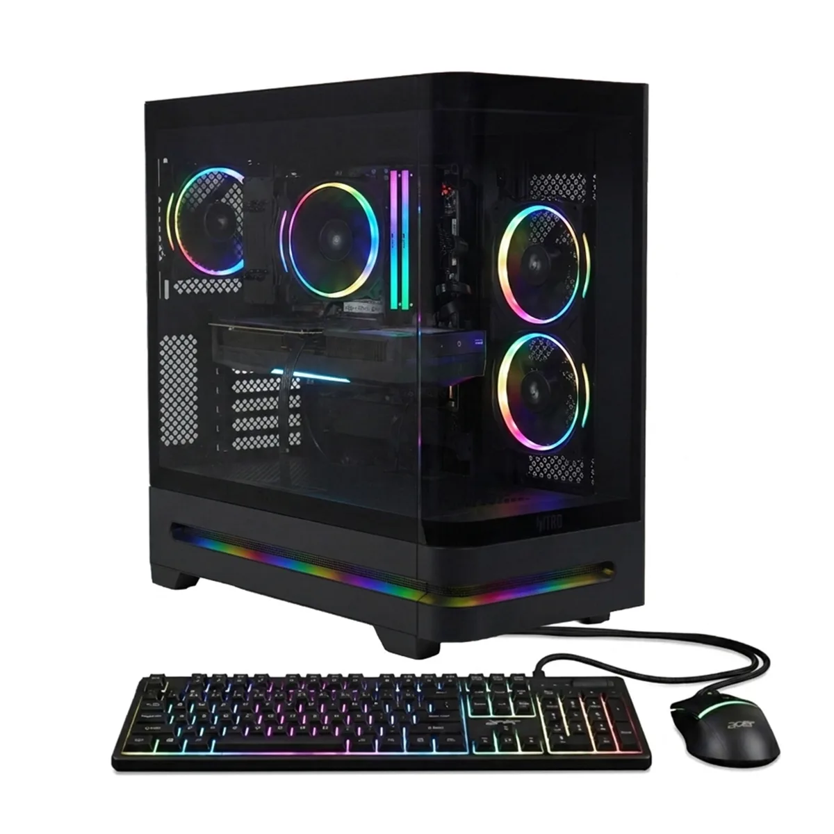Black Acer Nitro gaming desktop tower with USB keyboard and mouse