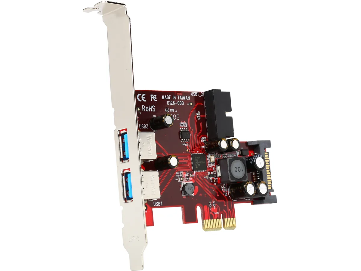 Green PCIe card with two blue USB 3.0 ports and a SATA power connector