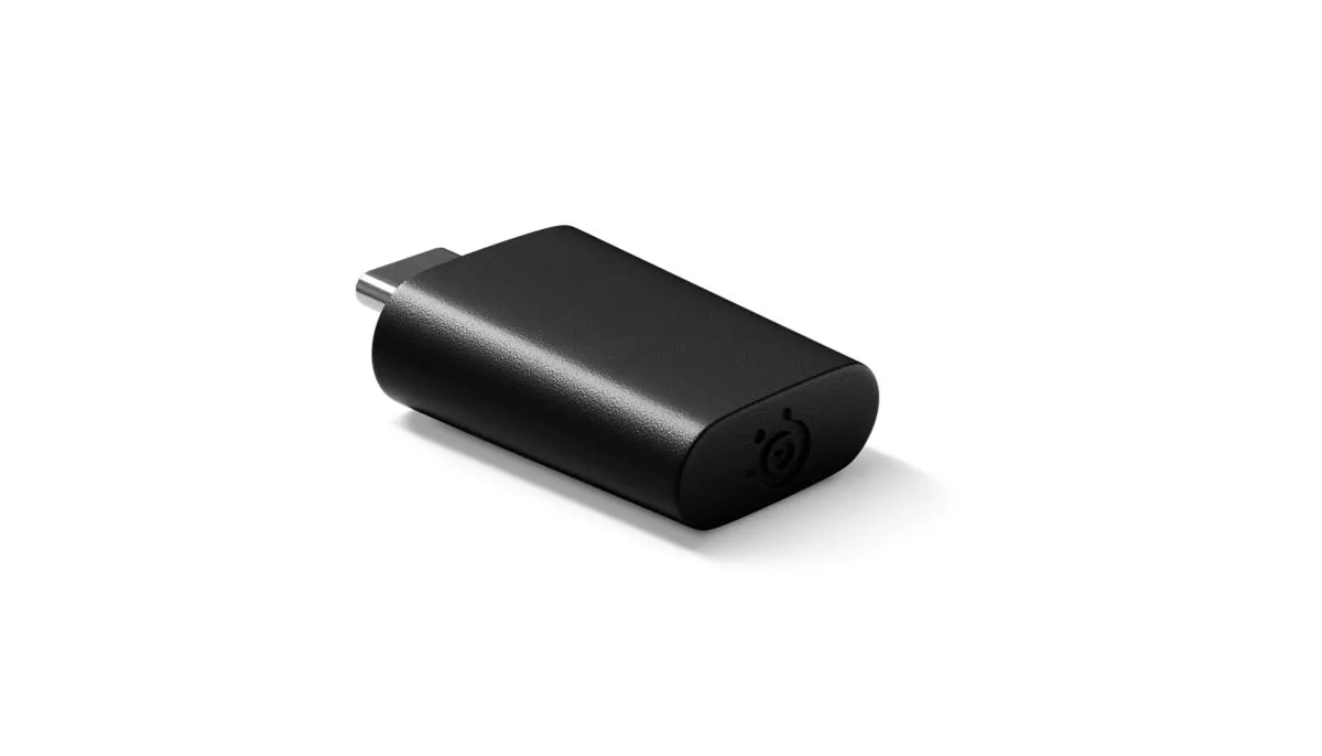 Small black USB-C wireless dongle with matte finish