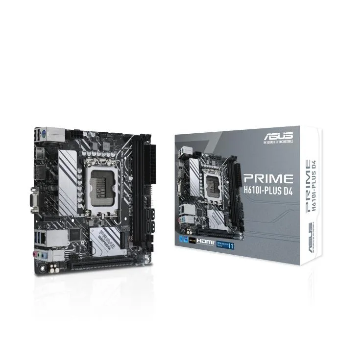 Green Mini-ITX motherboard with black VRM heatsink, silver CPU socket, blue M.2 slot, HDMI and VGA ports, USB 3.2 headers