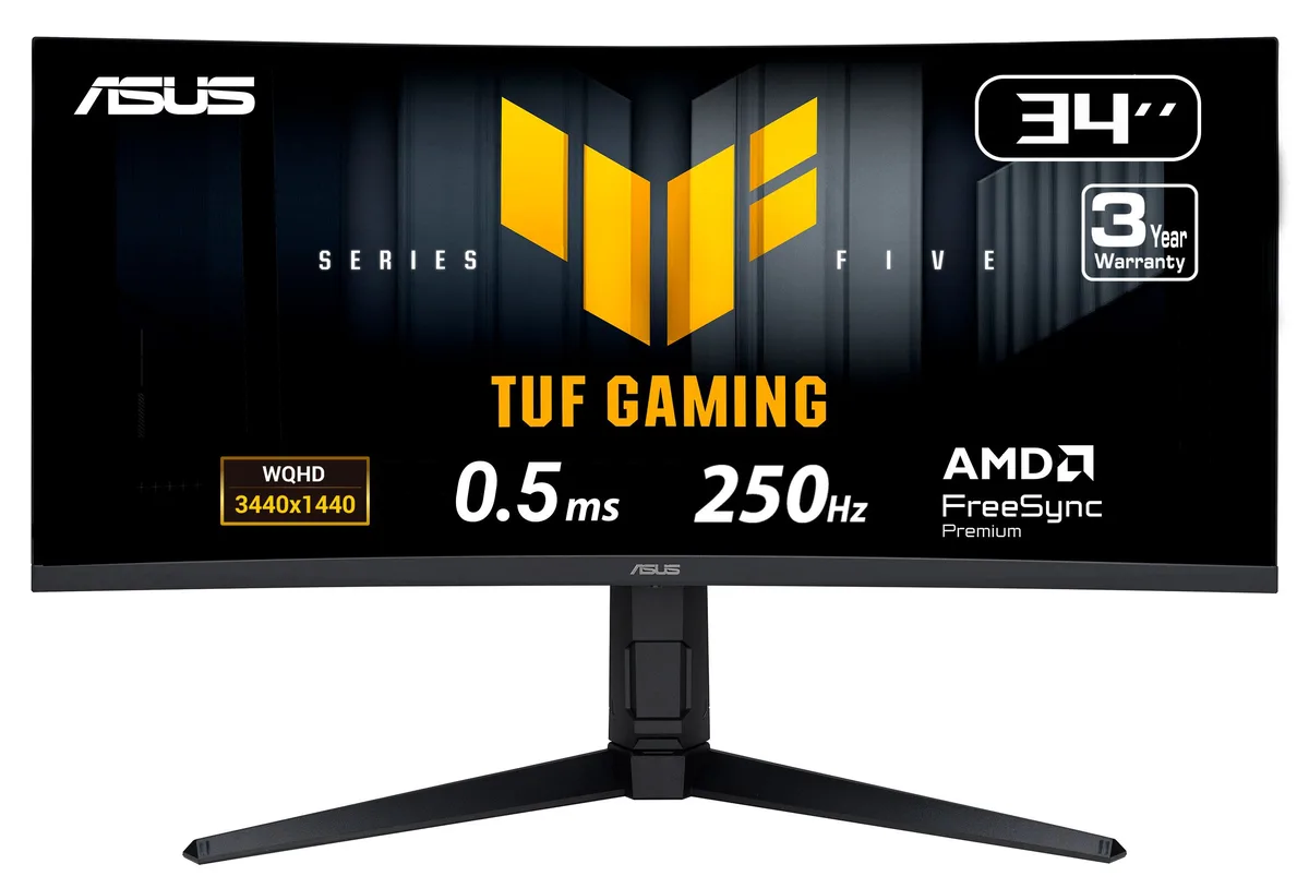 Black 34-inch ultra-wide curved gaming monitor with thin three-sided bezels and adjustable stand