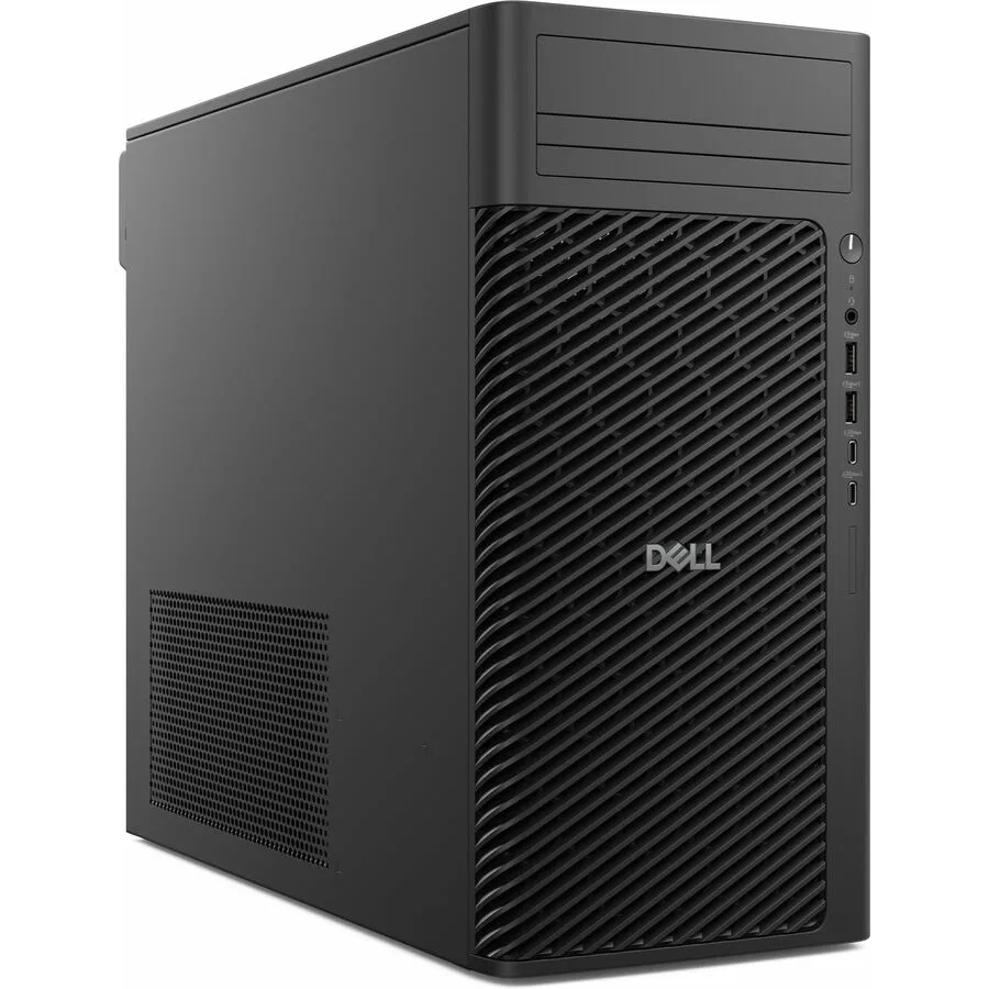 A black tower desktop with a DVD writer slot and front panel ports
