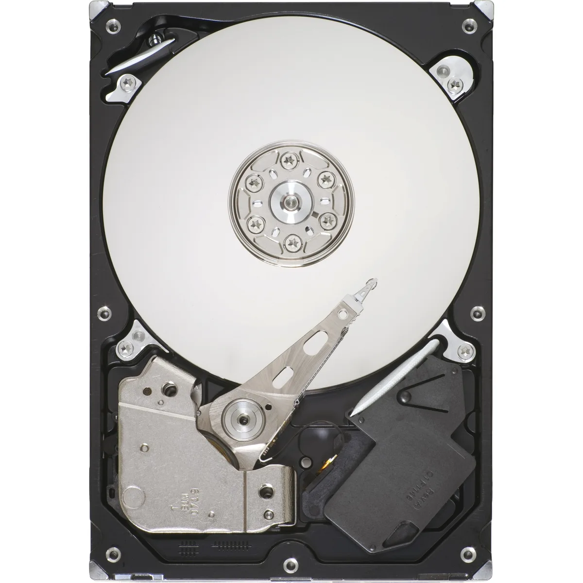 Silver 3.5 inch bare SATA hard drive with exposed circuit board
