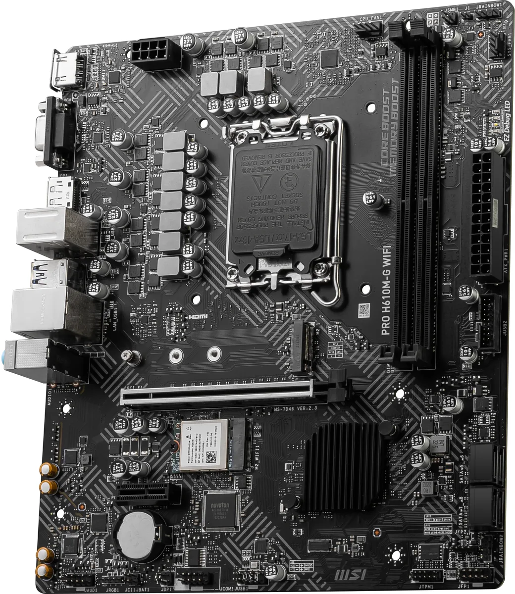 Green Micro-ATX board with silver I/O shield, two black DDR5 slots, single reinforced PCIe x16 slot, M.2 heatsink, four SATA ports