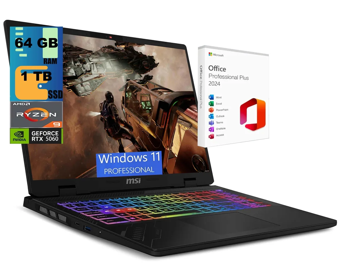 Gray gaming laptop, 16 inch QHD+ screen, RGB backlit keyboard