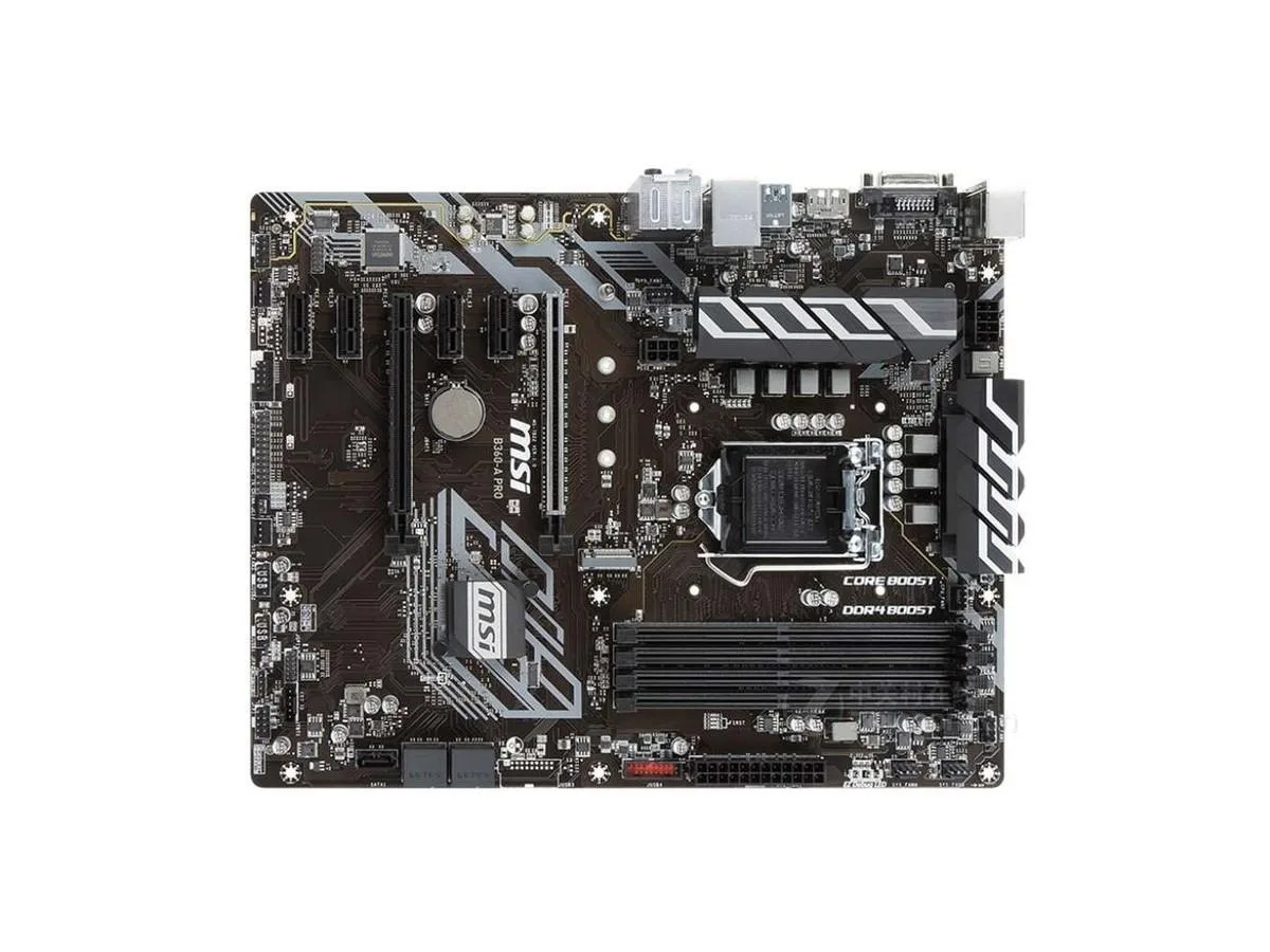 Rectangular ATX motherboard, black PCB, silver heatsinks, LGA 1151 socket, four DDR4 slots, multiple PCIe slots, rear I/O panel visible