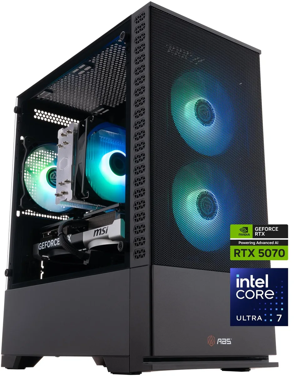 Black micro-tower gaming desktop with RGB-lit RAM and ARGB CPU cooler visible through side panel