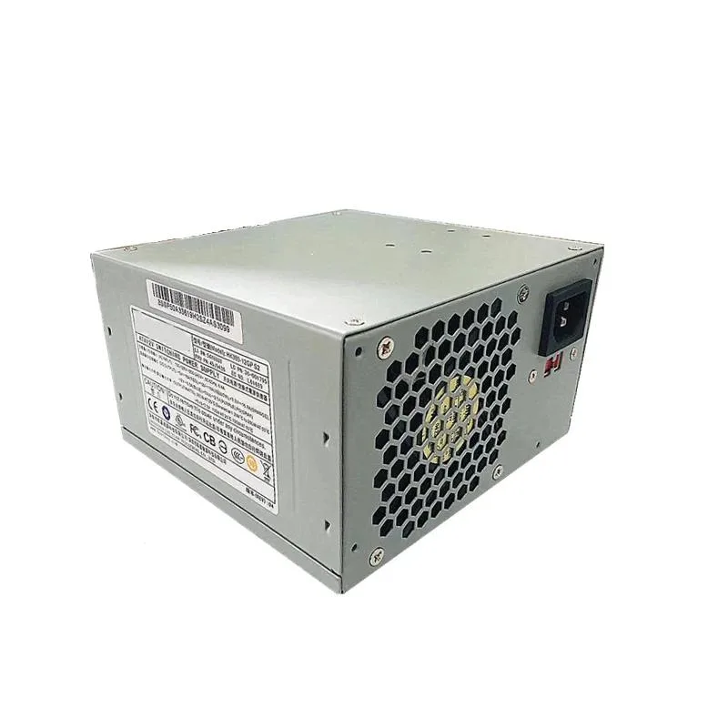 Rectangular ATX power supply unit with matte black metal casing and visible cooling fan grille