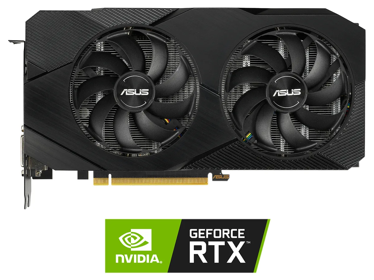 Black dual-fan graphics card with silver heatsink visible through vents